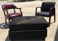 2 leather chairs with 1 cloth ottoman