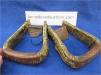 old horse saddle stirrups (leather & wood)