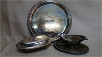 Silver Serving Tray, Butter Dish & Gravy Boat