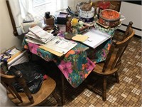 Wood Dining Table w/ 4 Chairs & misc contents