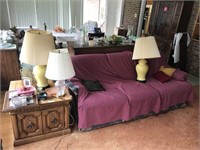 Upholstered Sofa, Table Lamp, Lamp Table & misc