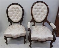 Pair antique cream silk upholstered chairs