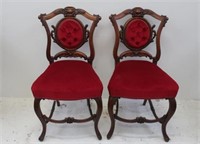 Pair antique walnut red velvet salon chairs