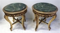 Pair fine green marble giltwood round lamp tables