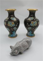 Pair Chinese cloisonne vases and figure of a pig