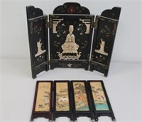 Small Chinese four panel painted silk screen