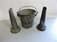 Antique Tin Pail & Oil Bottle Tops