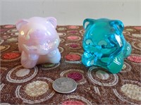 Pair of Blue & Pink Glass Fenton Bears - Laying
