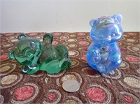 Pair of Green & Blue Iridescent Glass Fenton Bears