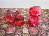Pair of Cranberry Glass Fenton Bears