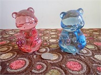 Pair of Cranberry & Blue Glass Fenton Bears