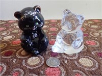 One Black Glass Fenton Bear & One Lead Glass Bear