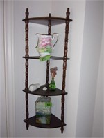 Wooden shelf wallhanging shelf and contents