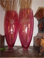 Pair of Cranberry etched Glass vases