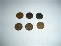 6 Indian Head Pennies 1887-1900, 1902, 1905 1 Lot