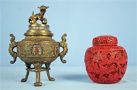 Japanese Champleve Incense Burner & Red Ginger Jar