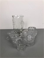 Etched pitcher and small cups