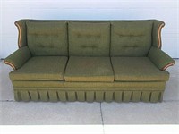 Green tweed early American sofa w/  wood accents