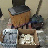 Plates, milk crate, humidifier, sleep bag,