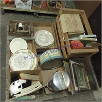 Sad iron, picture frames, wood crate, plates