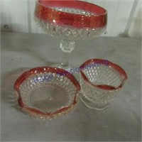 3 pieces glassware w/red trim