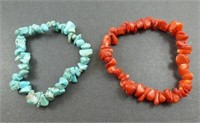 (Set of 2) Coral & Turquoise Chip Bracelets