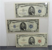Group of 3 Nice $5 Bills / 1963 Red Seal U.S.