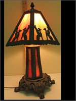 TABLE LAMP WITH SLAG GLASS PANELS - LIGHTED TOP