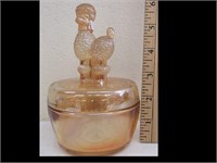 CARNIVAL GLASS POWDER BOX WITH POODLE ON TOP