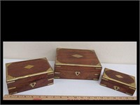 LOT OF 3 NESTING BRASS TRIMMED WALNUT BOXES