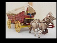 VINTAGE TIN LITHO COVERED WAGON AND HORSES