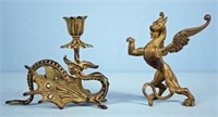 Brass Dragon Candleholder & Bronze Winged Griffin