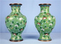 Pr Early 20th C. Chinese Cloisonne Green Vases