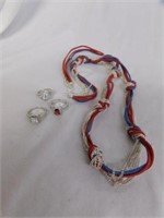 Red/blue/silver suede cord necklace - three