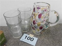 Old bubble glass pitcher, 4 drinking glasses