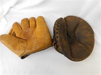 Vintage ball glove and mitt, one is a Joe Gordon