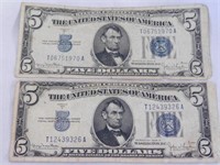 Four $5 silver certificates, 1934D