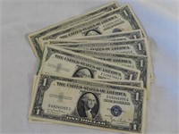 Ten $1 silver certificates, crisp, (2 w/turned