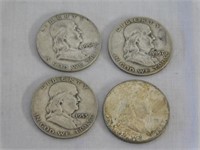 Four Franklin silver half dollars 1951, 1953,