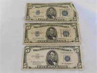 Three $5 silver certificates, two 1934D, one