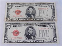 Two red seal $5 bills, 1928F