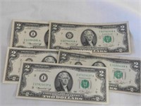 Five $2 dollar bills, 1963 in sleeve
