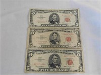 Three red seal $5 bills, 1963