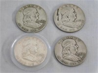 Four Franklin silver half dollars 1957, 1958,