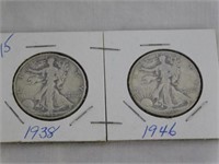 Two Walking Liberty half dollars, 1938 & 1946