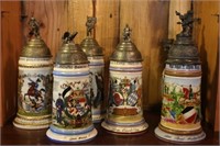 Six 1/2 Liter Military Themed Steins with Lids