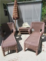Four Pcs.: Two Patio Loungers & Side Table