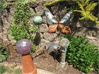 Six Pcs. Yard Art: Three Gazing Balls, Butterfly