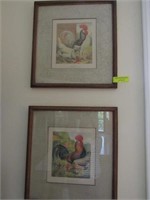 Two Framed Prints: Roosters & Chickens
