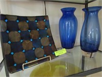 Three Pcs.: Two Cobalt Glass Vases, Art Glass Tray